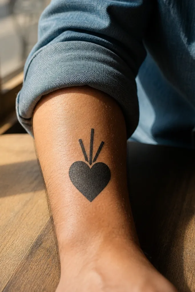 Tiny Sacred Heart outline with three straight rays above on forearm