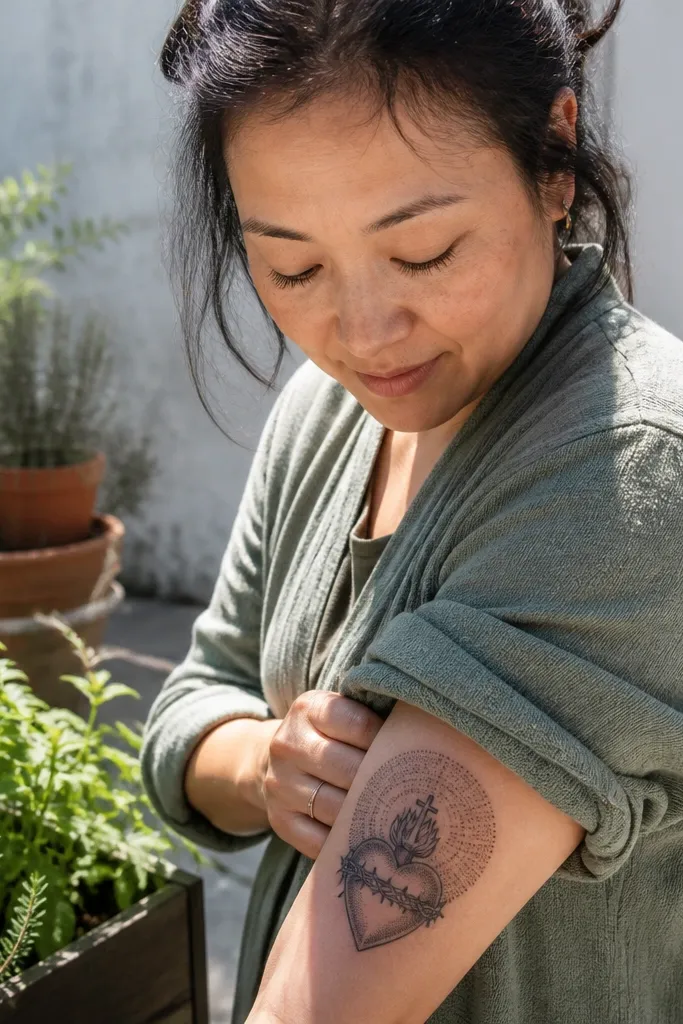 Minimal heart with dotted halo rays around it on forearm