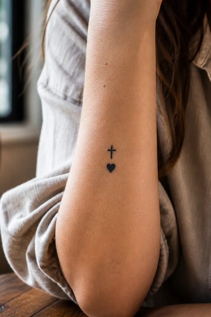 Small heart with a tiny cross above, all aligned on one vertical line