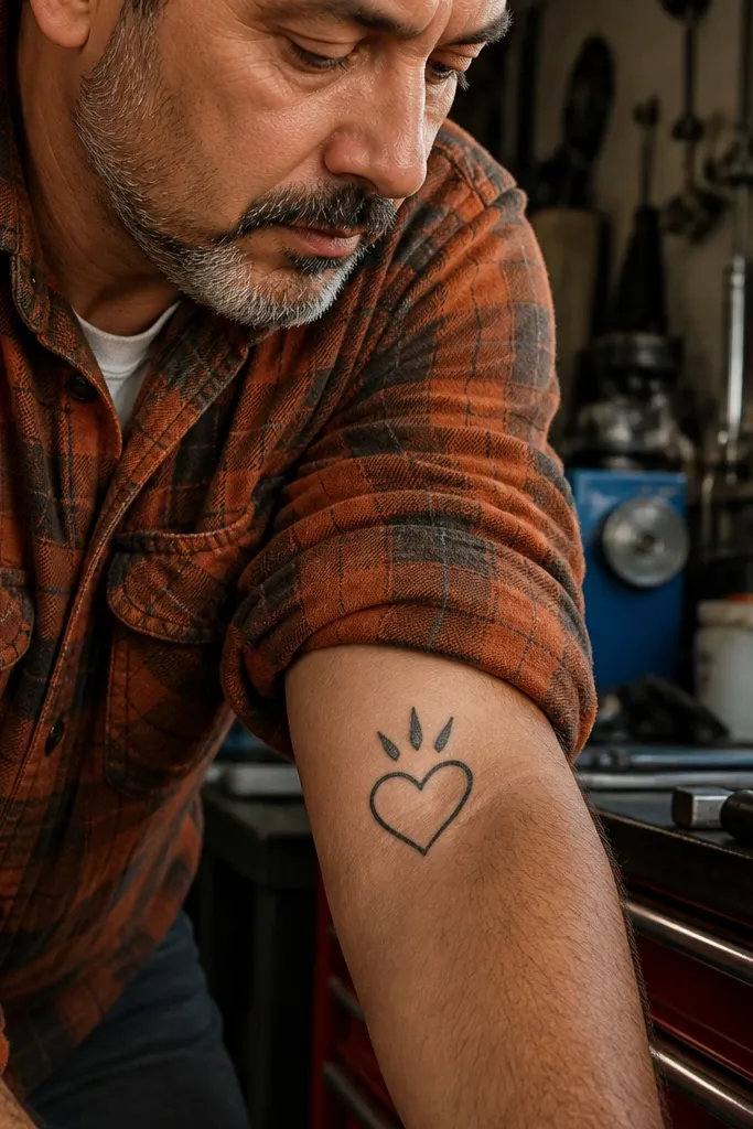 Sacred heart with three small flame tips above, minimal lines