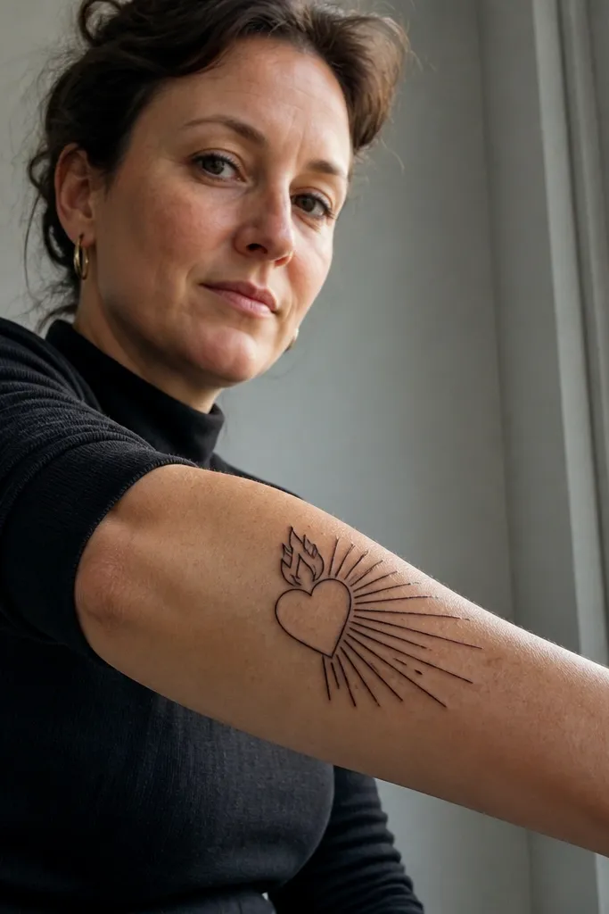 Sacred heart outline with rays only on one side on forearm