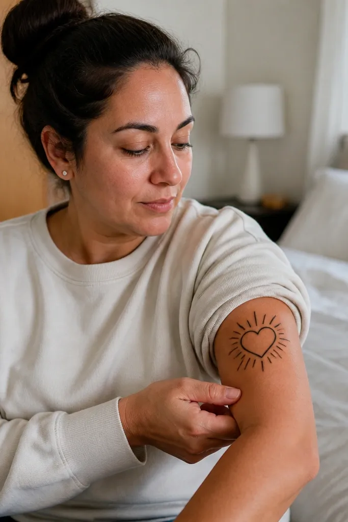 Sacred heart outline with rays made from gaps, not ink, on forearm