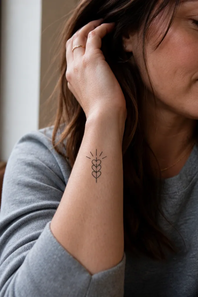 Two small hearts stacked vertically with a single ray above on forearm