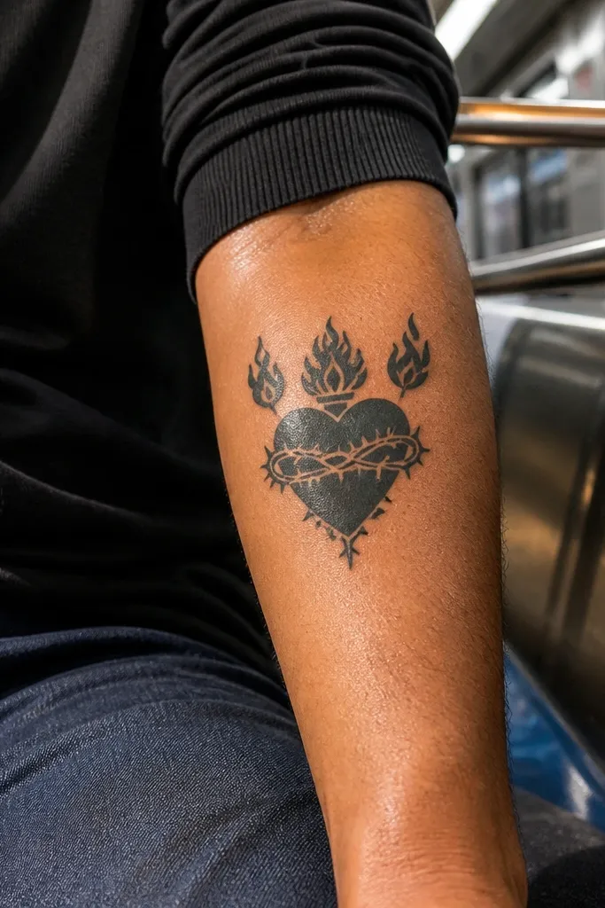 Sacred heart with two small flame points flanking the top on forearm