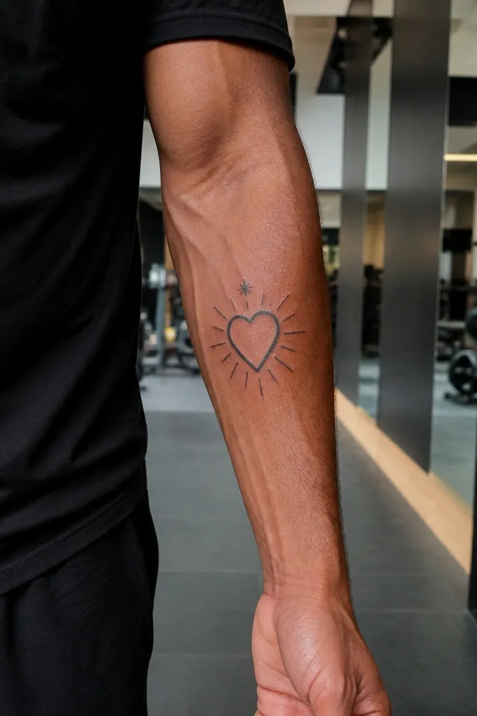 Heart with thin rays plus one small sparkle dot above on forearm