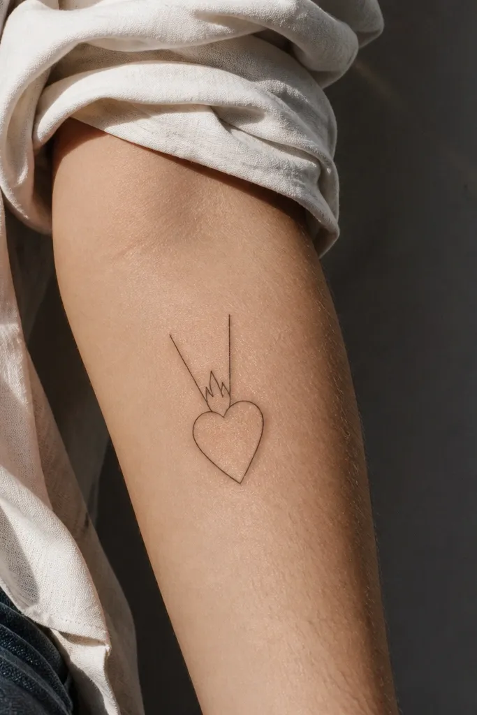 Sacred heart outline with exactly two rays rising behind on forearm