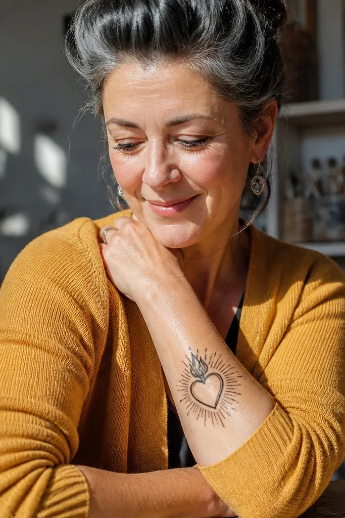 Heart outline with short tick-mark rays behind on forearm