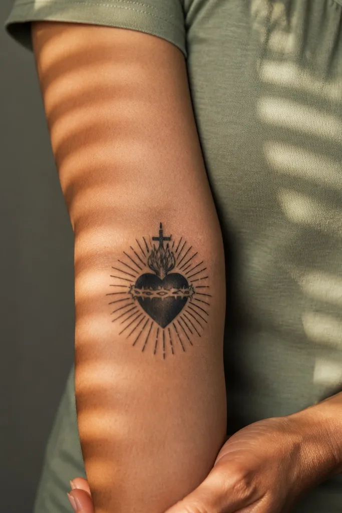 A Sacred Heart with thin rays on the inner forearm, black ink with light gray shading.
