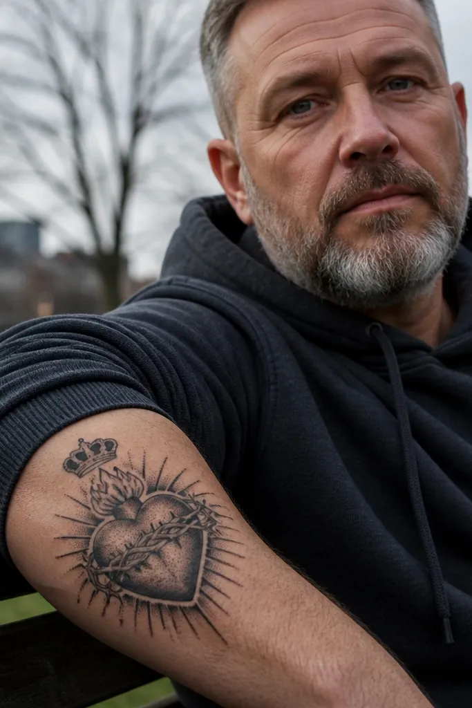 Sacred Heart with crown of thorns and tiny dot shading, placed vertically on the forearm.