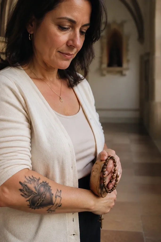 Sacred Heart with a ribbon banner and Roman numerals across the forearm.