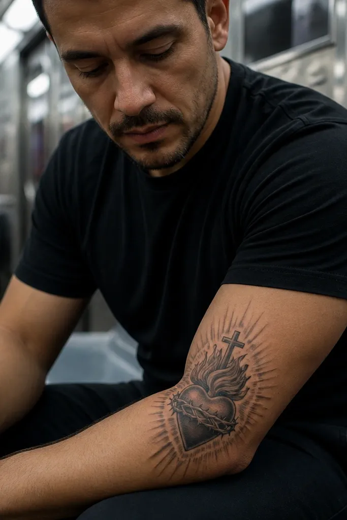 Sacred Heart with flames and rays, subtle gray glow shading on the forearm.