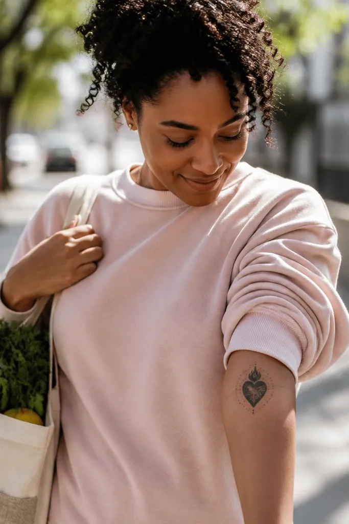 Minimal line Sacred Heart with tiny dot halo on the forearm.