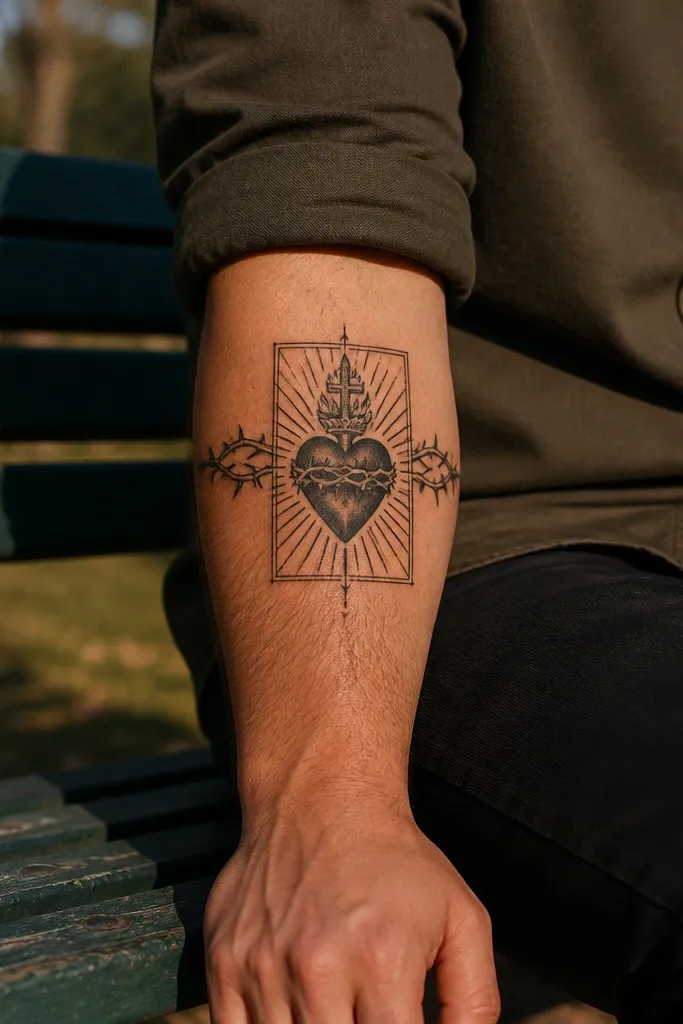 Sacred Heart with mirrored thorns and a symmetrical frame on the forearm.