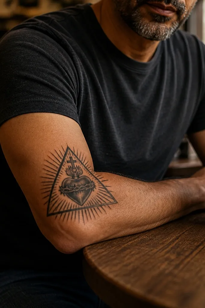 Sacred Heart inside a triangle with radiating rays on the forearm.
