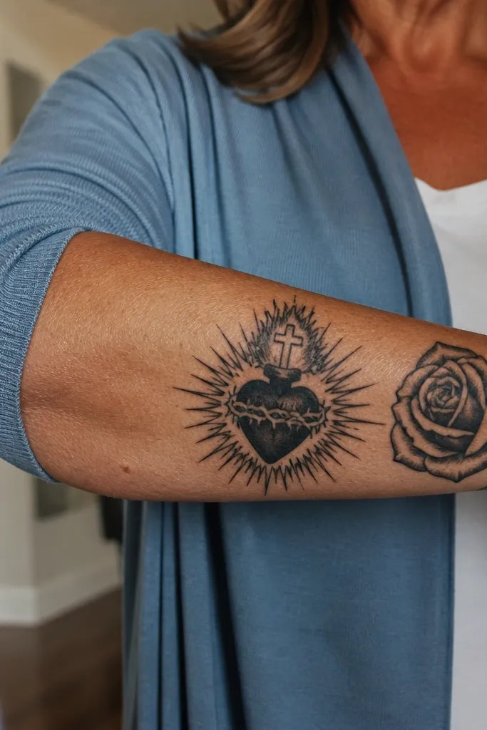 Sacred Heart with a single rose beside it on the forearm, black and gray ink.