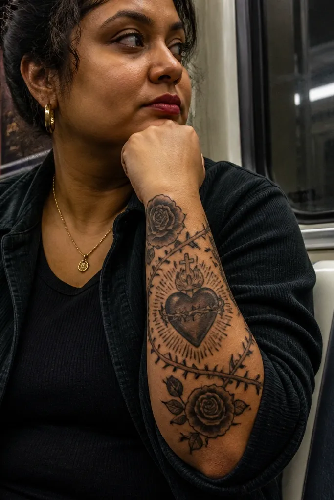Sacred Heart with roses and a thorn wrap curling around the forearm.