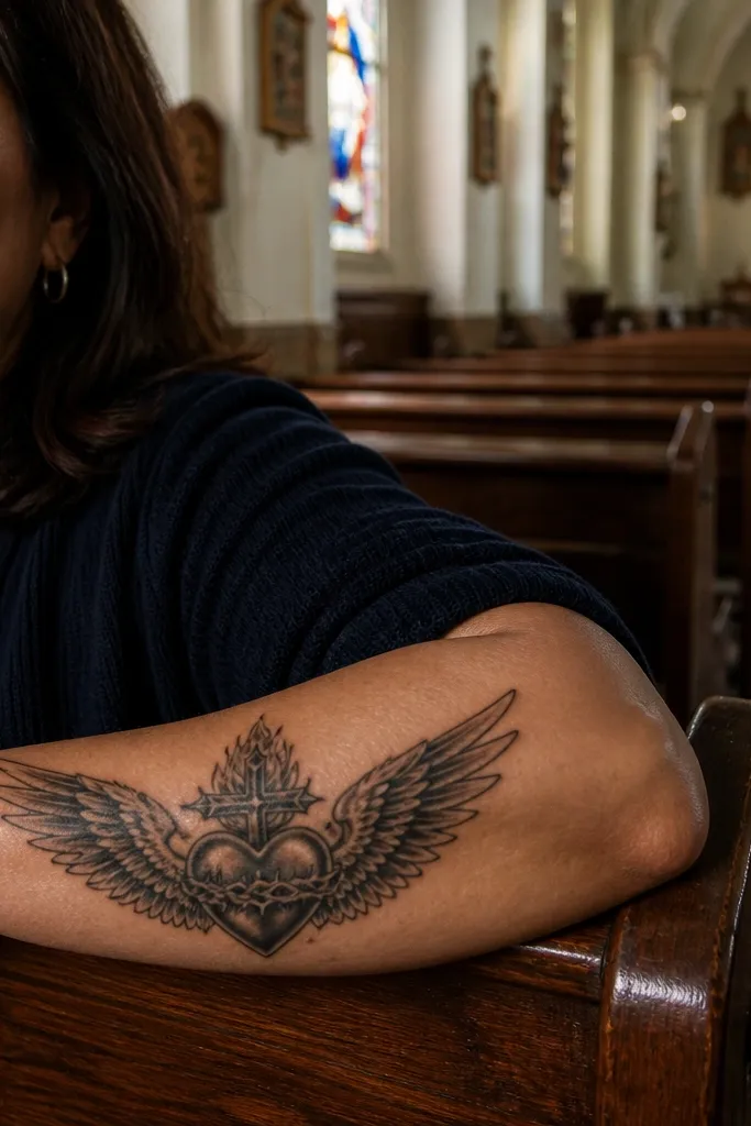 Sacred Heart centered with simple angel wings on both sides on the forearm.