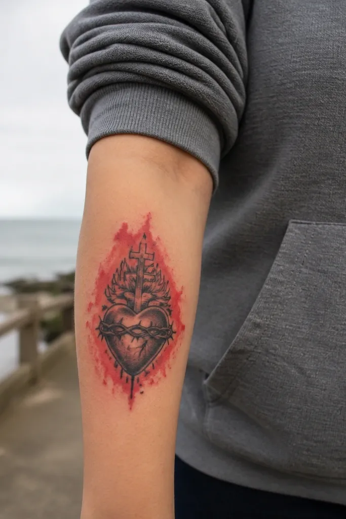 Sacred Heart with a soft red glow around the heart on the forearm, black outline.