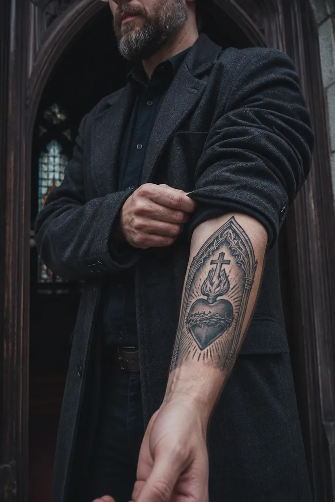 Sacred Heart inside a gothic arch frame on the forearm, blackwork and light gray.
