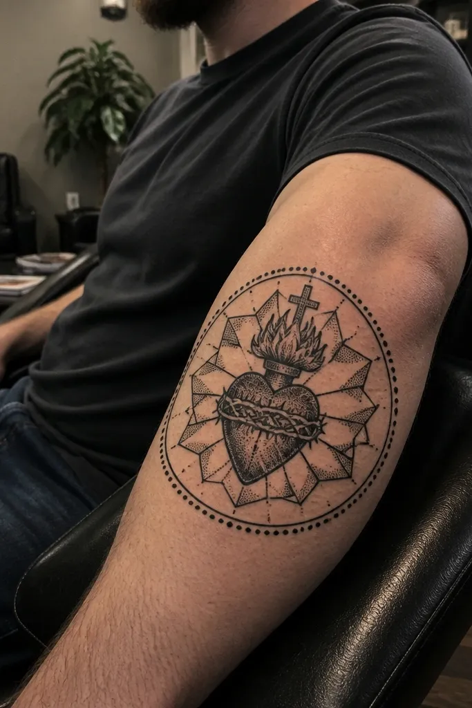 Sacred Heart with geometric halo and dotwork border on the forearm.