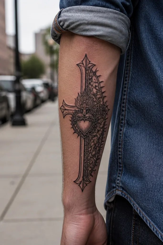 Sacred Heart with a cross on one side and thorns on the other, split layout on forearm.