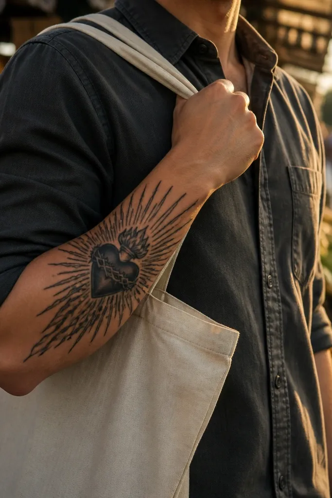 Sacred Heart with mirrored rays and flame tips pointing downward on the forearm.