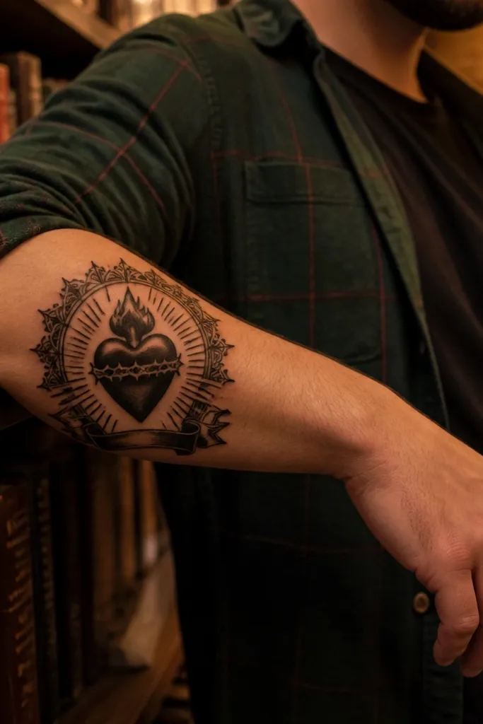 Sacred Heart with an ornate halo ring and a simple banner on the forearm.
