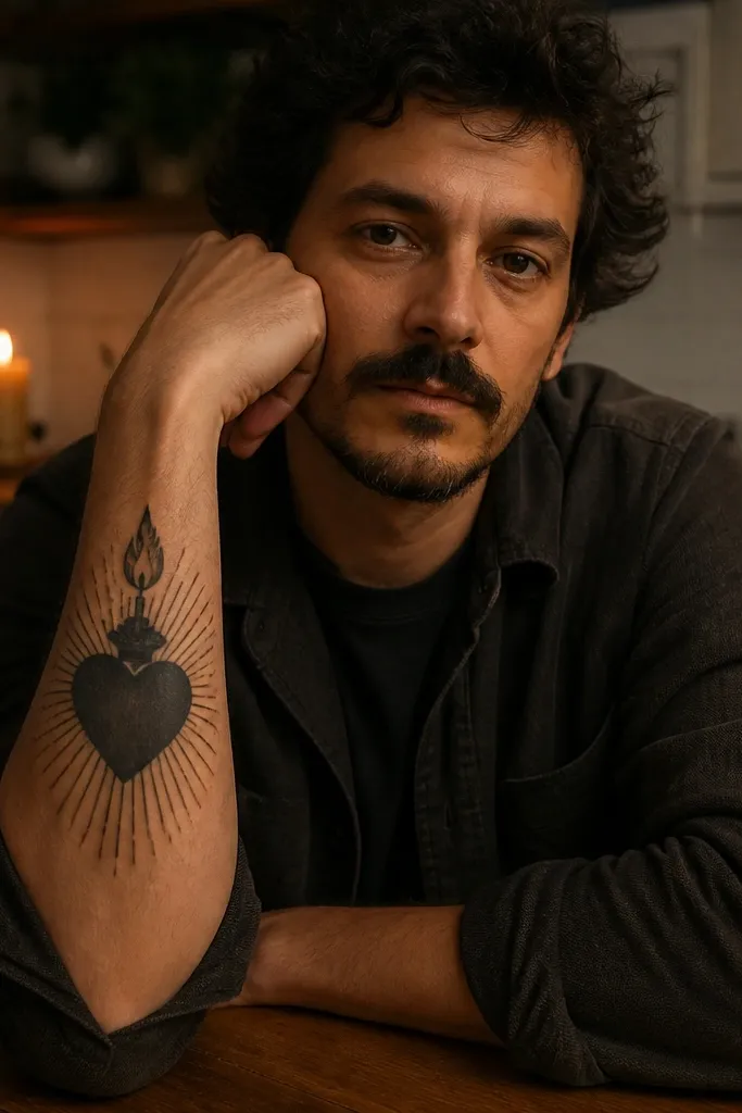 Sacred Heart with a candle flame above it on the forearm, black and gray shading.
