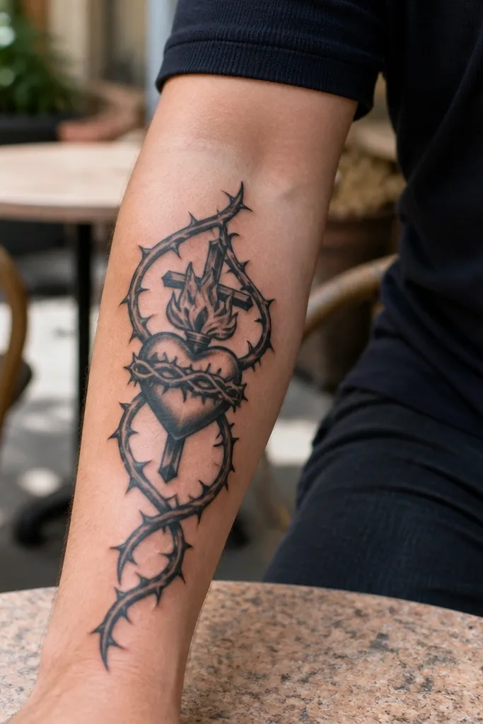 Small cross wrapped with thorns and a Sacred Heart in the center on forearm.