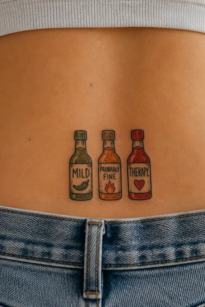 A sticker-style tramp stamp with a row of three tiny hot sauce bottles, each with a hand-drawn label. One bottle says "MILD," one says "PROBABLY FINE," and one says "THERAPY."