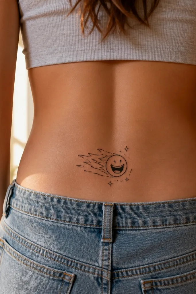 A simple smiling face with thick outline and wide grin sits on a curved comet trail. The comet is drawn with a bold black swoosh and a few short spark lines, all centered low on the back.
