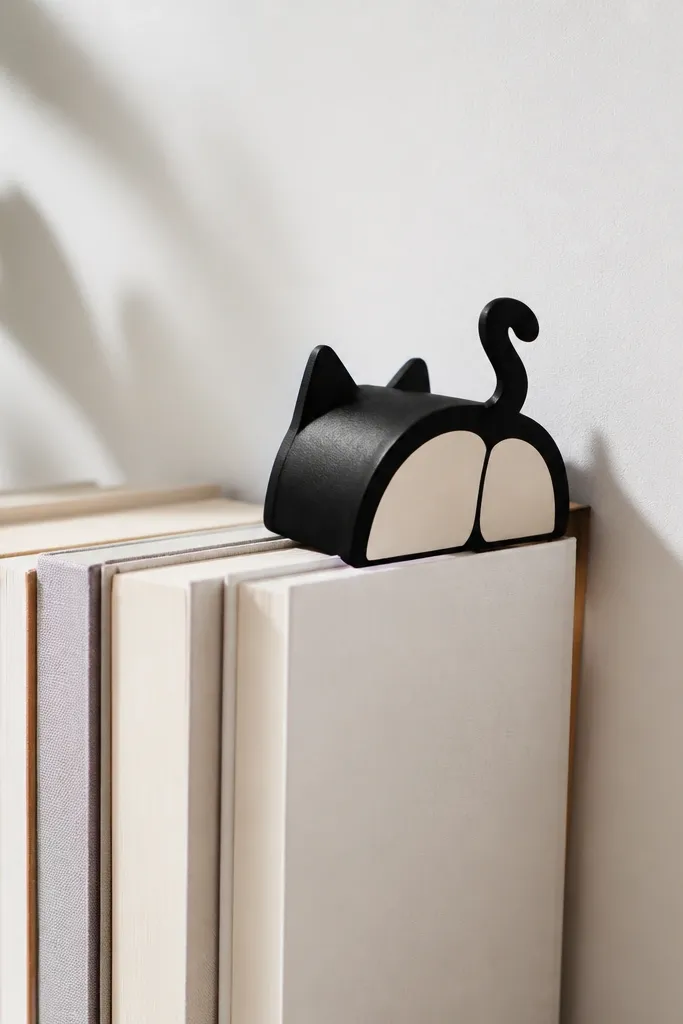 A minimalist cat butt silhouette that sits as a playful arc along the spine, with two small triangle ears and a tiny tail curl. It's mostly black with a small cream fill on the butt area.