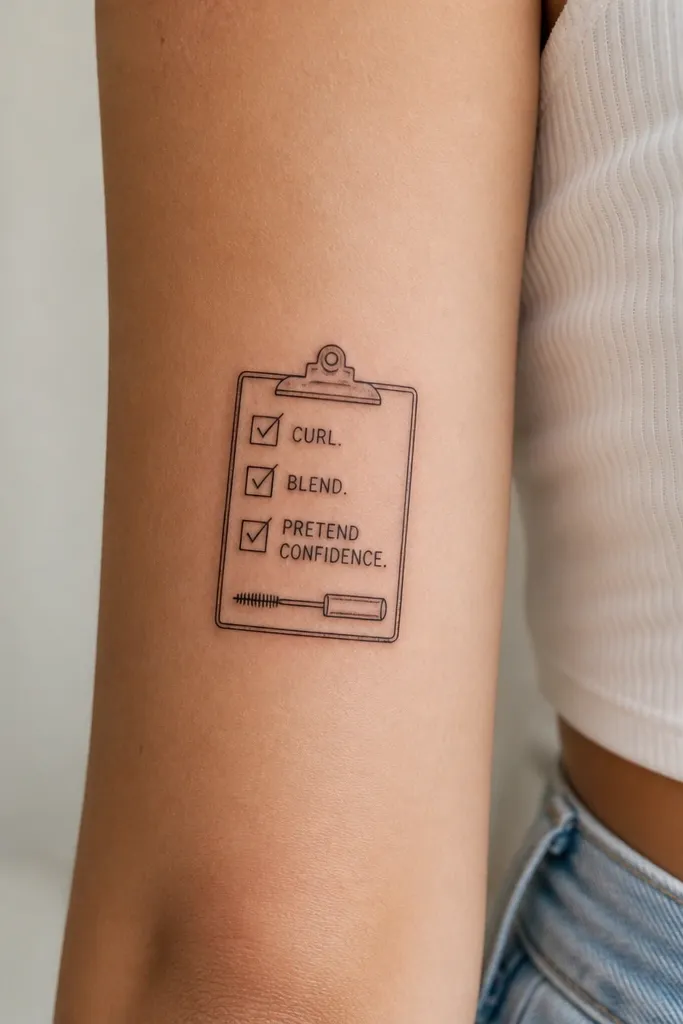 A small clipboard-style tattoo with checkboxes and a tiny mascara wand icon. The text reads "CURL. BLEND. PRETEND CONFIDENCE."