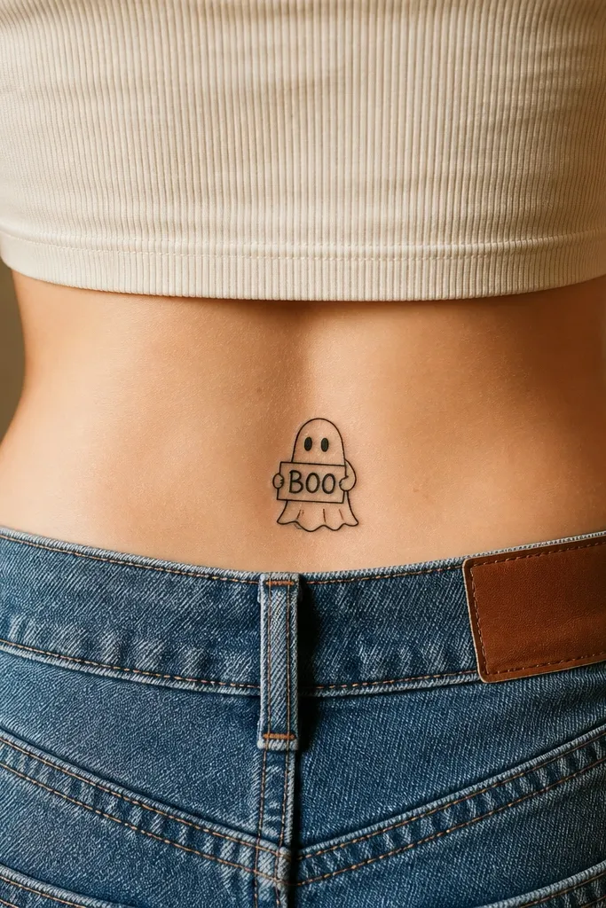 A small ghost with bold black outline holds a rectangular sign. The sign has block letters that read BOO in simple, thick strokes. The ghost is centered low on the back, with a few small swoosh lines below.