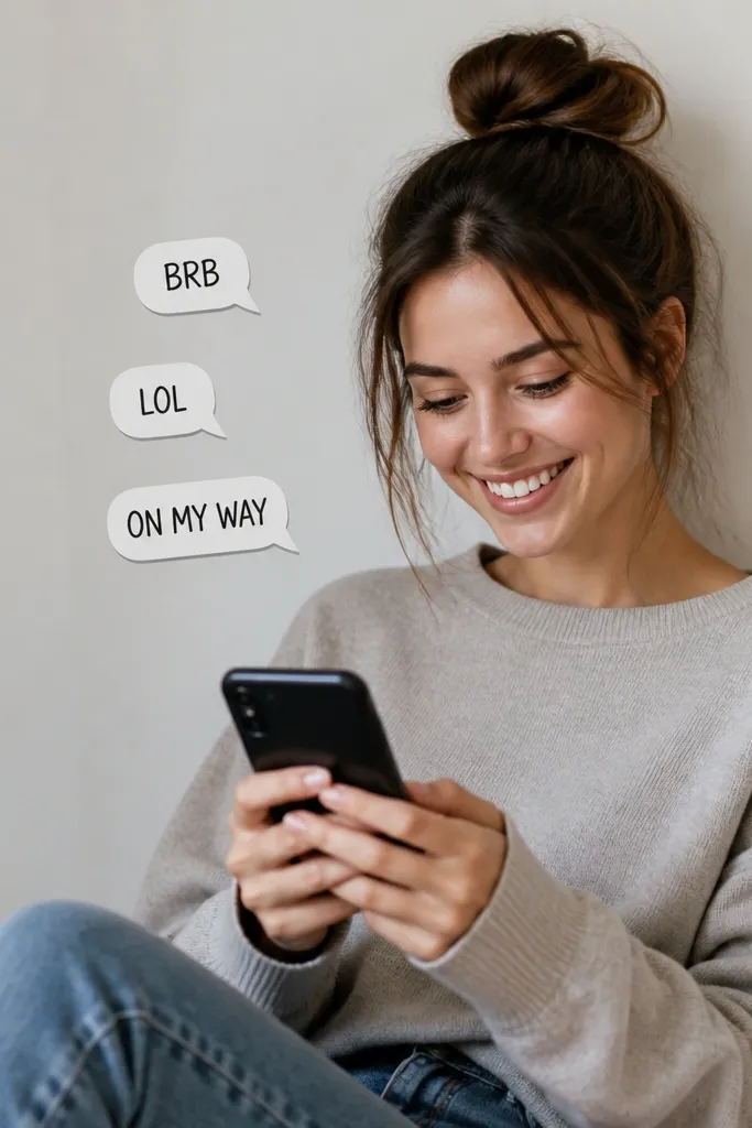 Three small comic speech bubbles stacked in a curve. The bubble text reads "BRB," "LOL," and "ON MY WAY." Each bubble has a tiny tail pointing toward the spine.