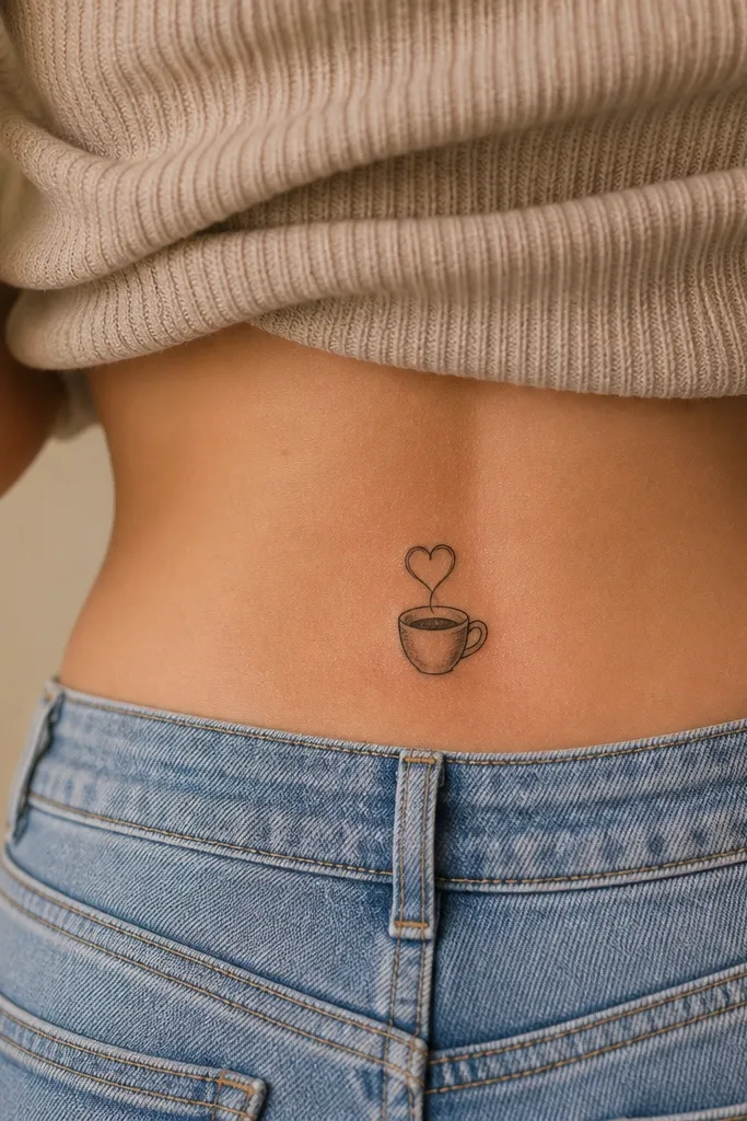 A black-outlined coffee cup sits on a small base. The steam curls into a heart shape above the cup. Small dot accents appear around the steam like tiny sparkles.