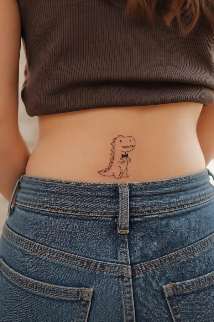 A small cartoon dinosaur in thick black linework, with a simple bow tie under its chin. The dinosaur's tail curves upward slightly. The design sits centered low on the back with a clean outline and minimal fill.