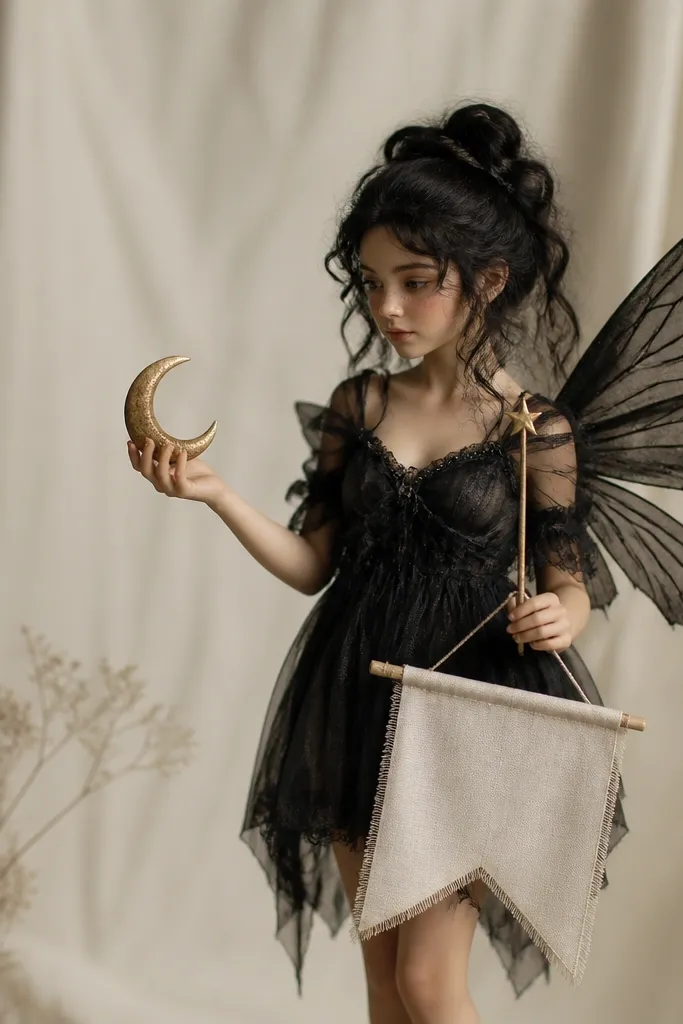 A small fairy character with black wings and a tiny wand. She holds a little crescent symbol that looks like a moon, and a small banner reads "PERIOD MAGIC."