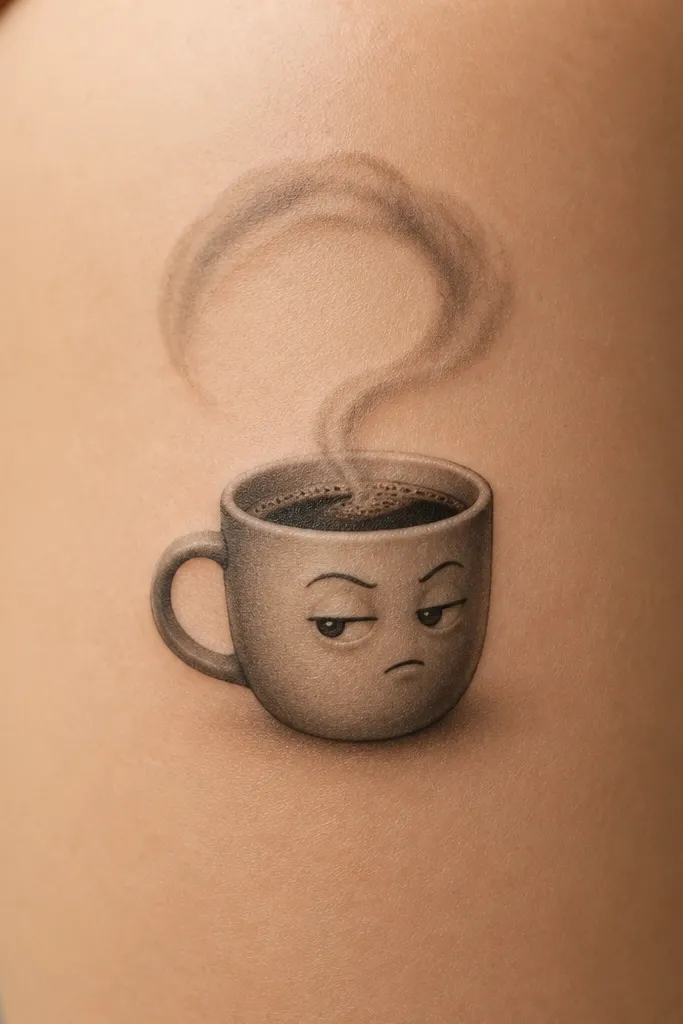 A steaming coffee cup with a small face on the front, eyebrows raised in judgment. Steam lines form a soft arc over the cup, and the background is blank skin.