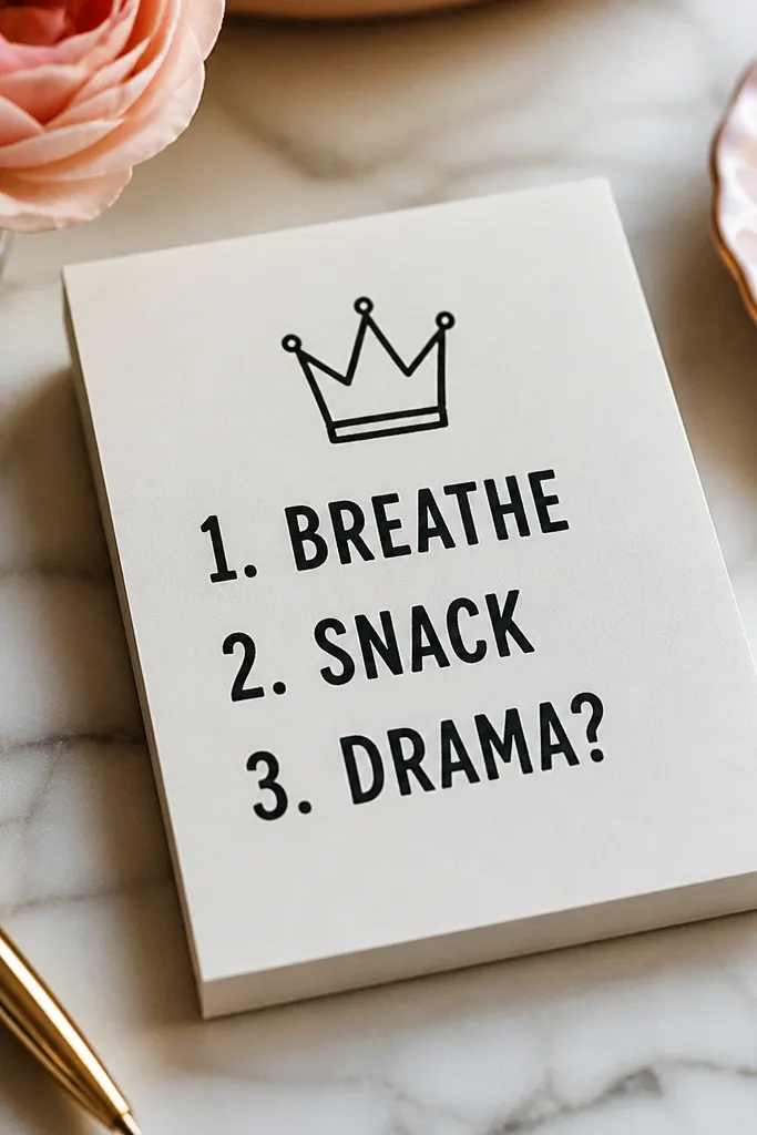 A small to-do pad with three lines of text and a simple crown above it. The lines read "1. BREATHE," "2. SNACK," "3. DRAMA?" in bold letters.