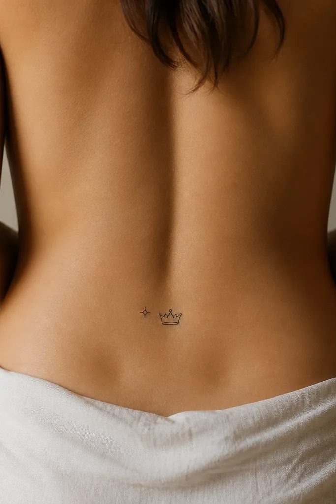 A tiny crown centered on the lower back with one spark starburst to the left. The crown is black outline, and the spark has a few short rays.