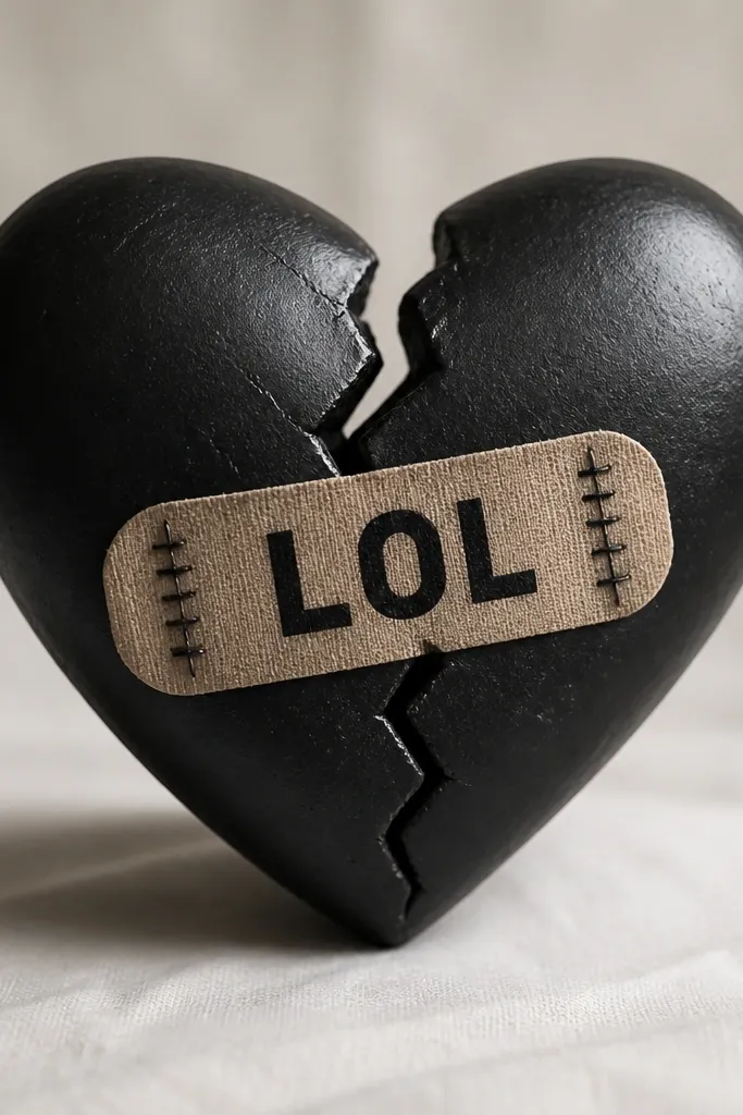 A black broken heart shape with a bandage strip crossing it. The bandage has "LOL" written in block letters, and there are small stitch marks on the bandage edges.