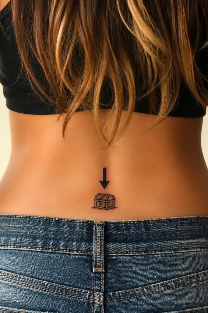 A thick black arrow points downward toward a tiny treasure chest icon. The chest has a simple latch and two solid black bands. The arrow is centered low on the back, slightly curved to match the body.