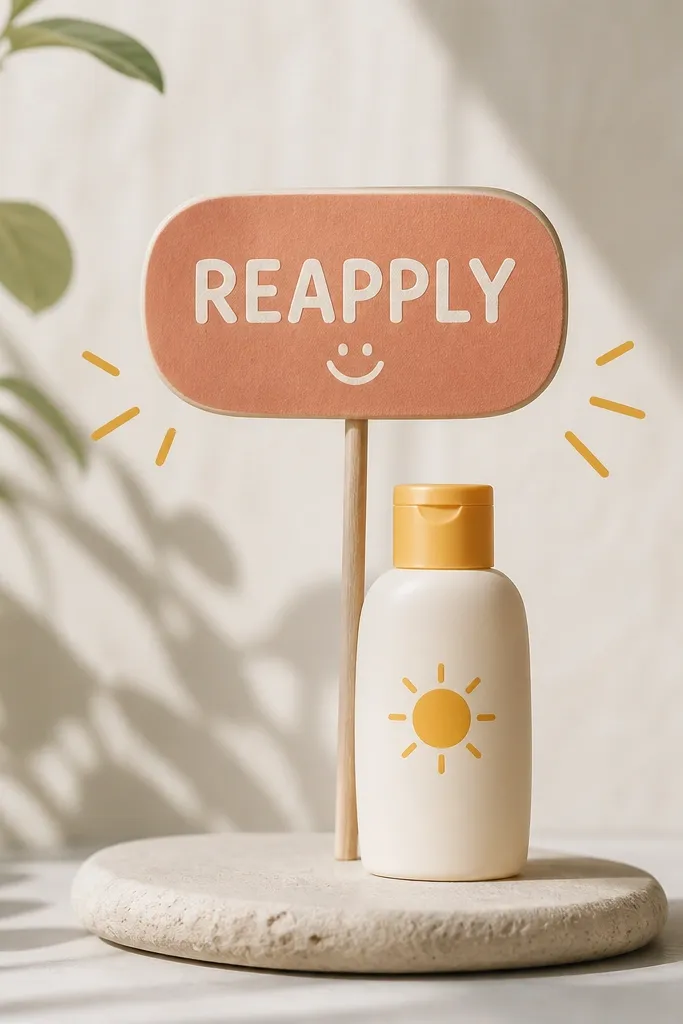 A small rounded sign that reads "REAPPLY" with a tiny smiley face. A simple sunscreen bottle icon sits under the sign, with a few sun rays around it.