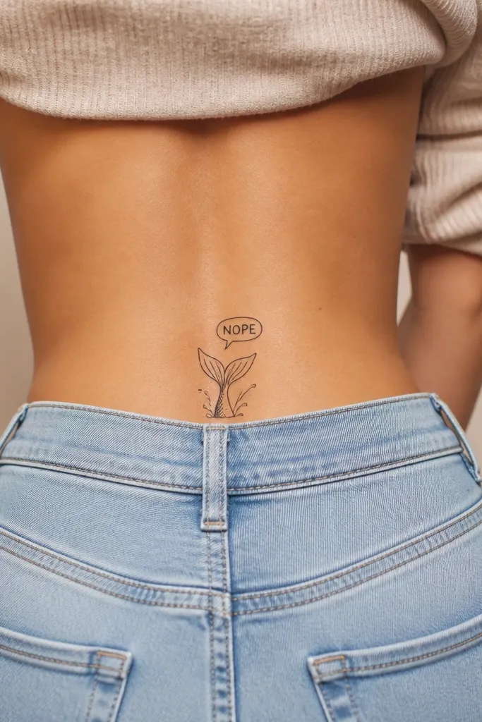 A small mermaid tail drawn in thick black outline with a simple scale pattern made of solid ovals. Above it is a speech bubble that reads NOPE in block letters. The tail is centered low on the back.