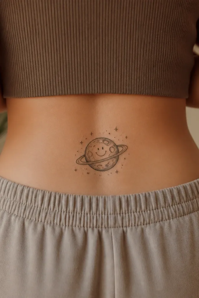 A small planet circle outlined in thick black with a few crater circles. One crater is shaped like a smile face with dot eyes. A short orbit line wraps around the planet.