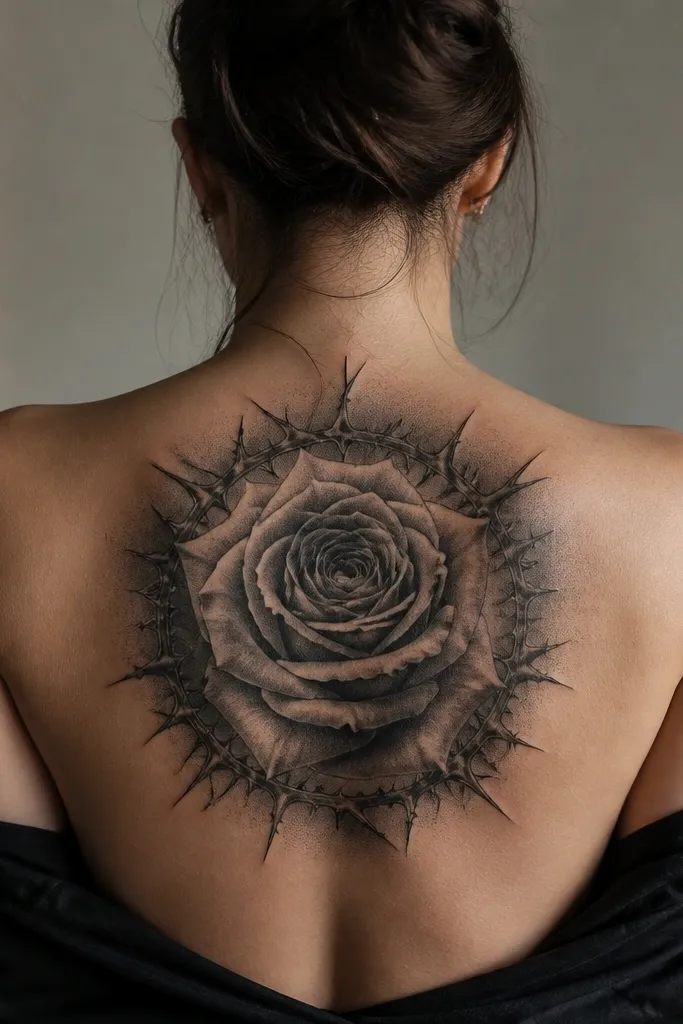 A large gothic rose on the upper back, petals in dark stipple and soft grey gradients, surrounded by thorn silhouettes that create a circular halo of shadow behind it.