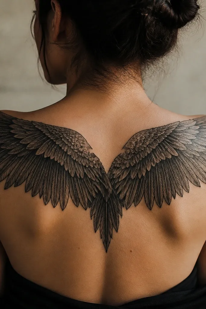 A raven wing tattoo spanning both sides of the upper back, the feathers outlined in black with inner feather veins shaded in smoky grey, and a dark tail taper toward the center spine.