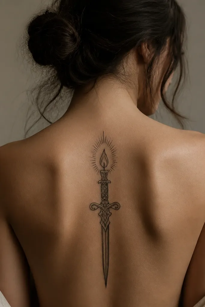 A vertical dagger centered on the upper back with a candle flame above it. The flame and dagger are mostly outlined in black, with negative space forming the gothic glow around the silhouette.