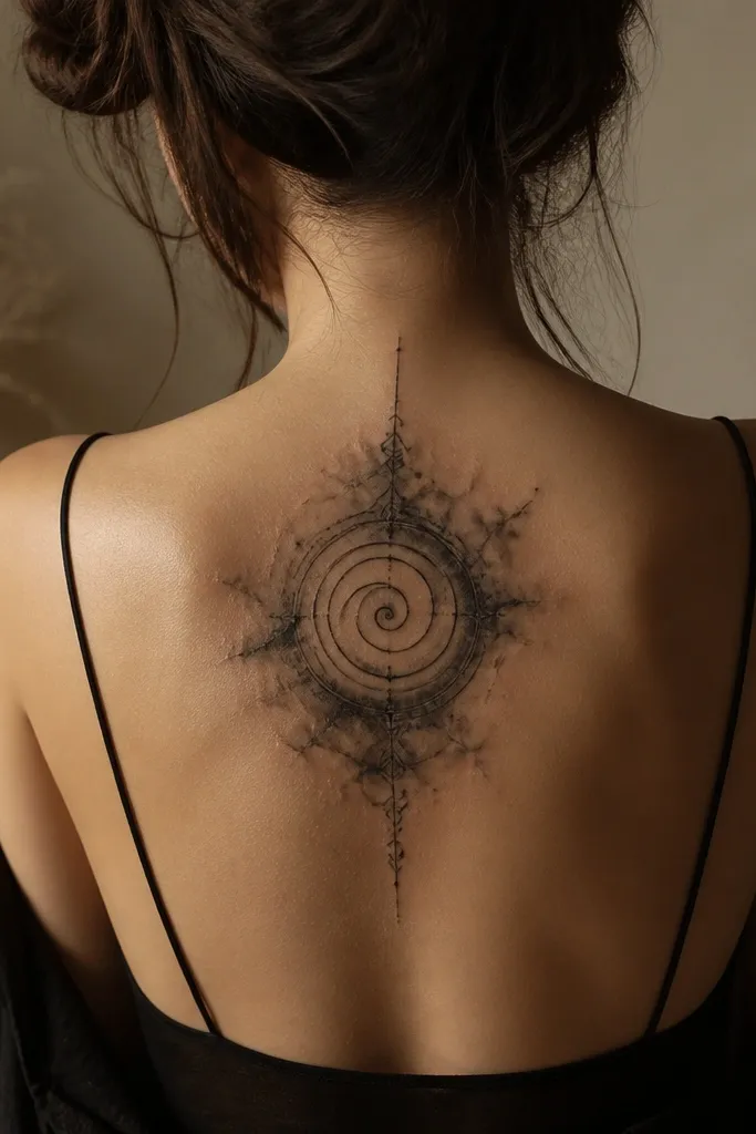 A spiral sigil centered on the mid-back, drawn in thick black lines that subtly bloom at the edges into smoky grey, like ink spreading in water.